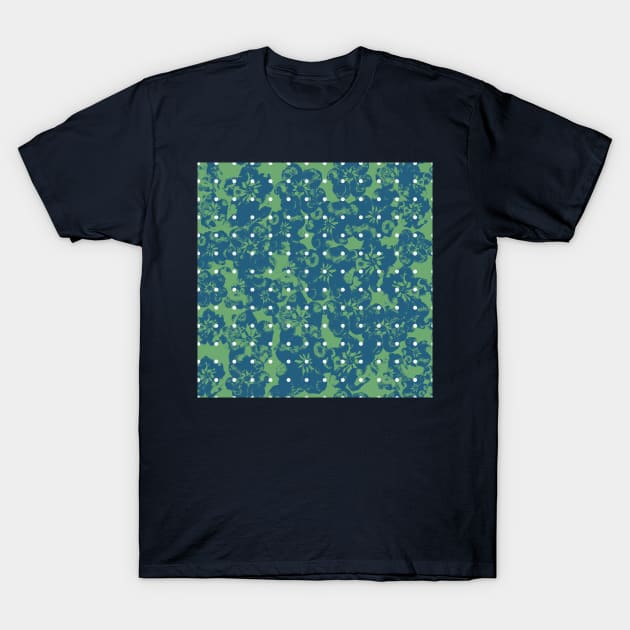 Abstract Blue Floral Polka Dots on Green T-Shirt by Jaana Day